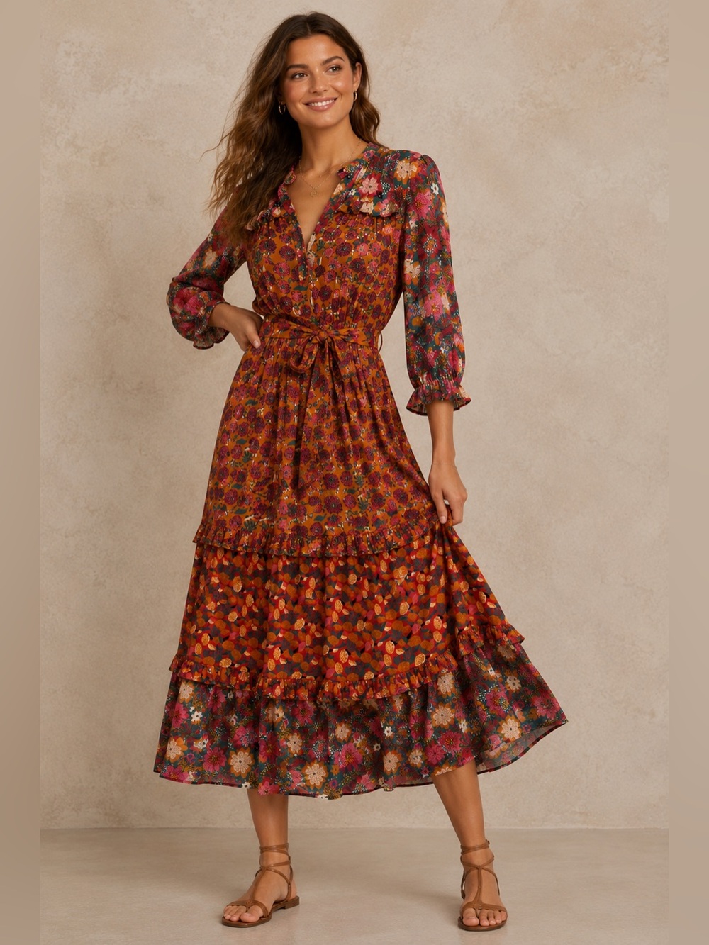 Emily Lovelock Georgette Floral Patchwork Belted Maxi Dress NWT Boho Sz 2-4 (XS)